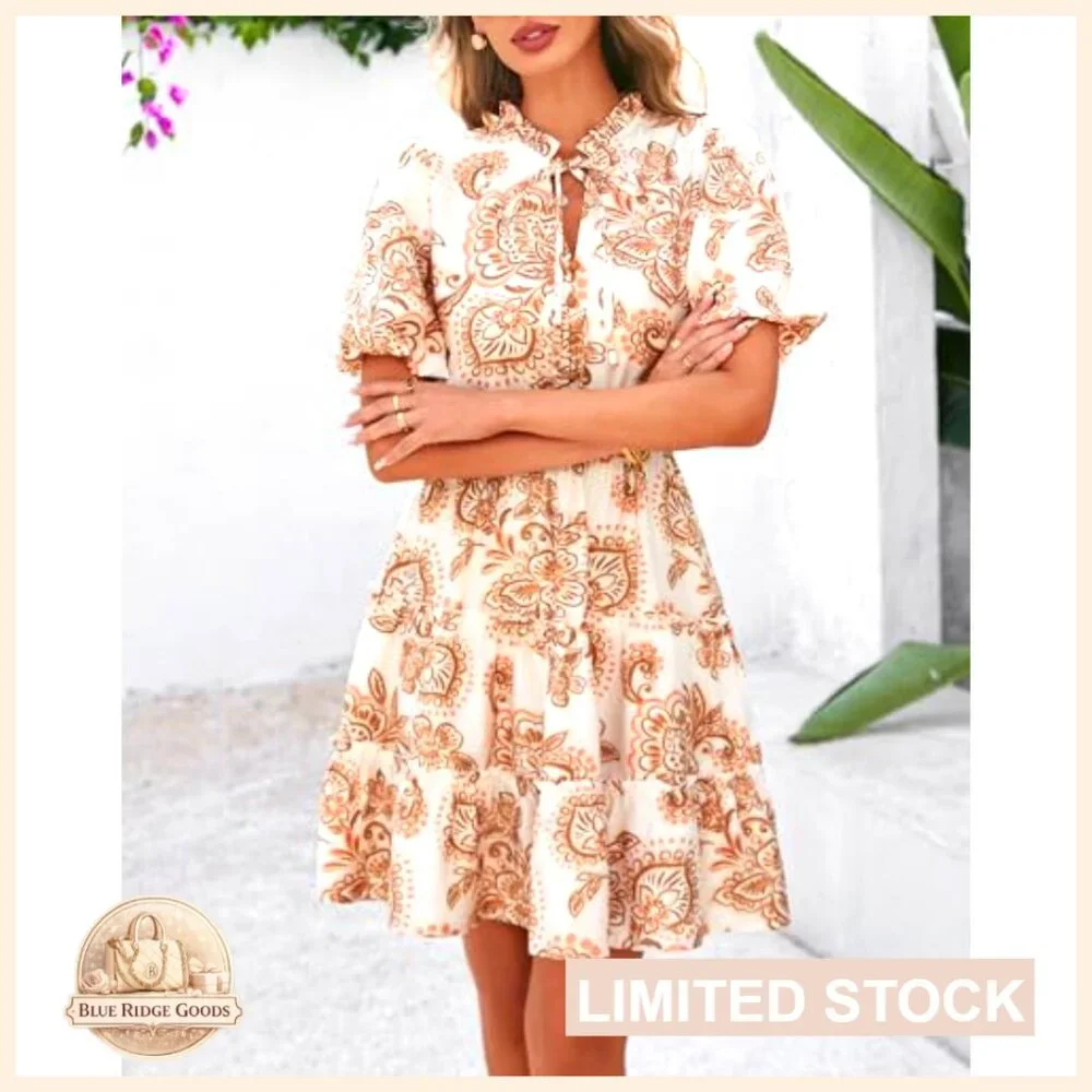 Boho Floral Mini Dress Tiered Ruffle V Neck Short Sleeve A Line Summer - Picture 3 of 7